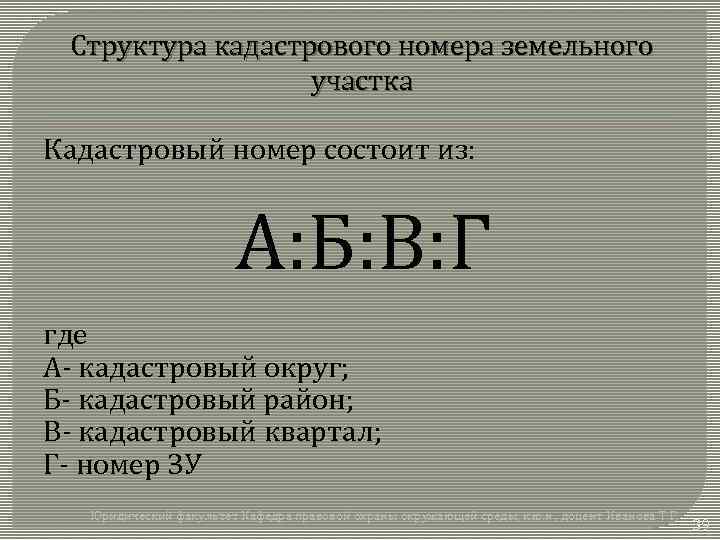 Структура кадастрового номера земельного участка Кадастровый номер состоит из: А: Б: В: Г где