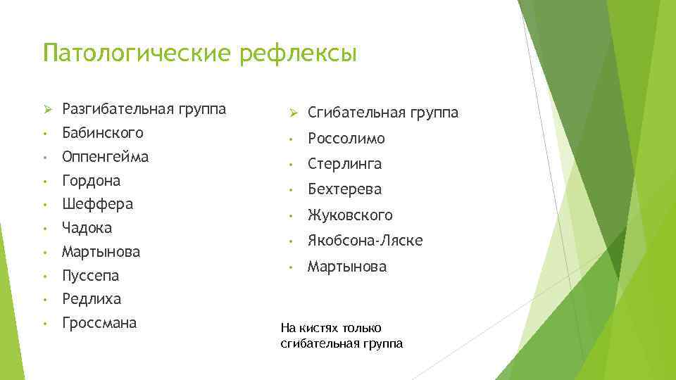 Патологические рефлексы Ø Разгибательная группа Ø Сгибательная группа • Бабинского • Россолимо • Оппенгейма