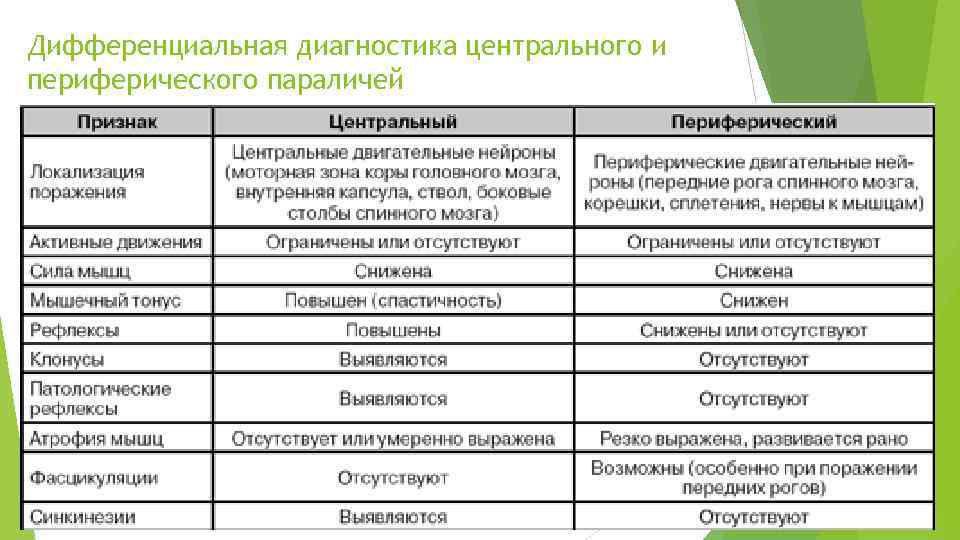 Дифференциальная диагностика центрального и периферического параличей 