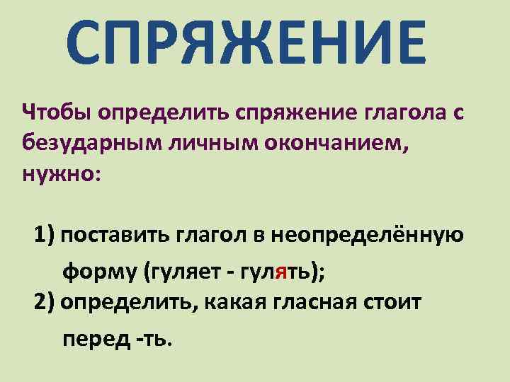 СПРЯЖЕНИЕ Чтобы определить спряжение глагола с безударным личным окончанием, нужно: 1) поставить глагол в