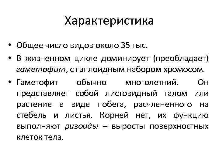 Характеристика • Общее число видов около 35 тыс. • В жизненном цикле доминирует (преобладает)