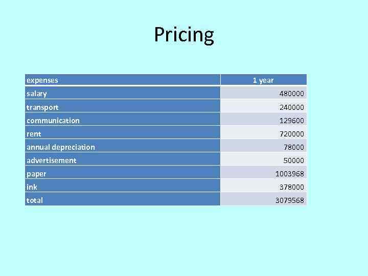 Pricing expenses 1 year salary 480000 transport 240000 communication 129600 rent 720000 annual depreciation