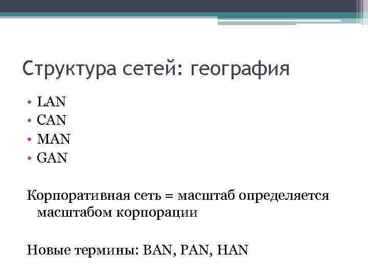 Структура сетей: география • • LAN CAN MAN GAN Корпоративная сеть = масштаб определяется