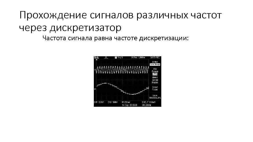 Прохождение сигналов различных частот через дискретизатор Частота сигнала равна частоте дискретизации: 