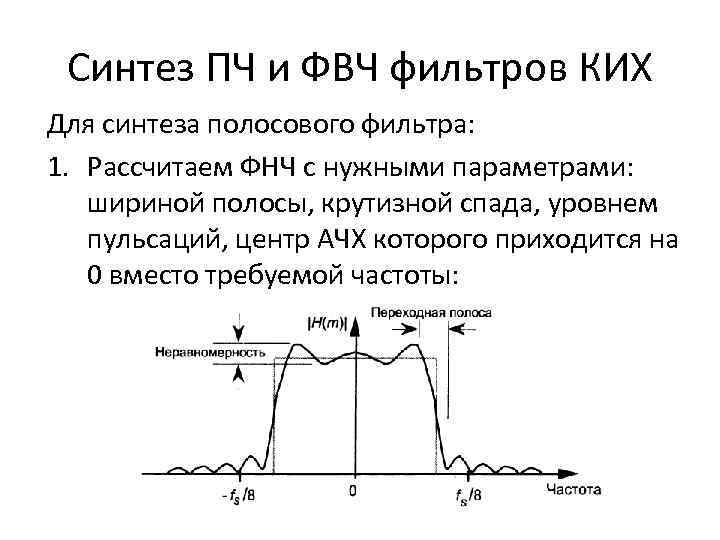 Синтез ПЧ и ФВЧ фильтров КИХ Для синтеза полосового фильтра: 1. Рассчитаем ФНЧ с