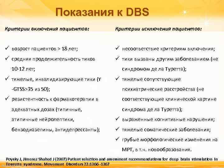 Показания к DBS Критерии включения пациентов: Критерии исключения пациентов: ü возраст пациентов > 18