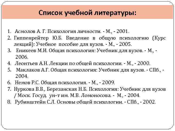 Список учебной литературы: 1. Асмолов А. Г. Психология личности. - М. , - 2001.