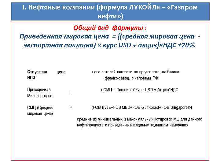 I. Нефтяные компании (формула ЛУКОЙЛа – «Газпром нефти» ) Общий вид формулы : Приведенная