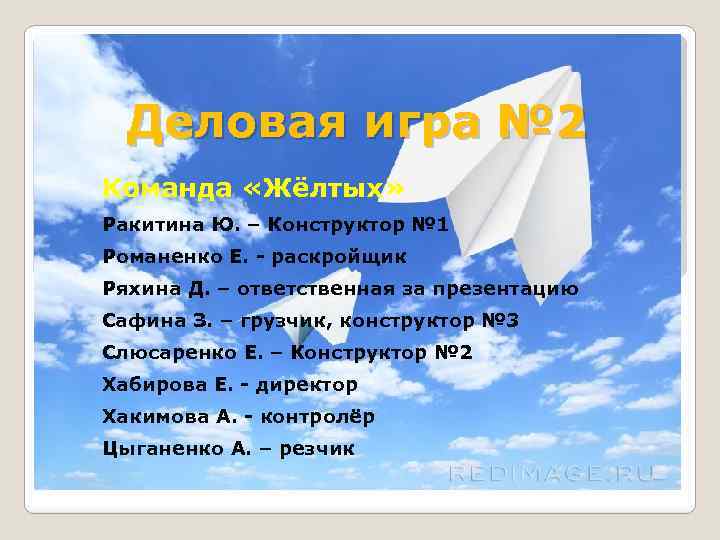 Деловая игра № 2 Команда «Жёлтых» Ракитина Ю. – Конструктор № 1 Романенко Е.