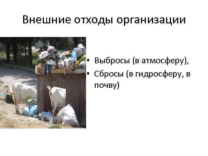 Внешние отходы организации • Выбросы (в атмосферу), • Сбросы (в гидросферу, в почву) 