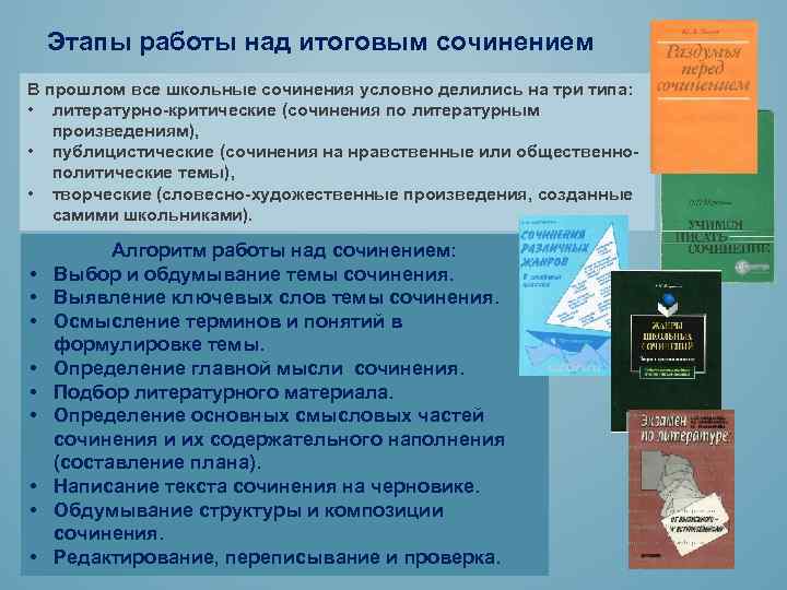 Этапы работы над итоговым сочинением В прошлом все школьные сочинения условно делились на три