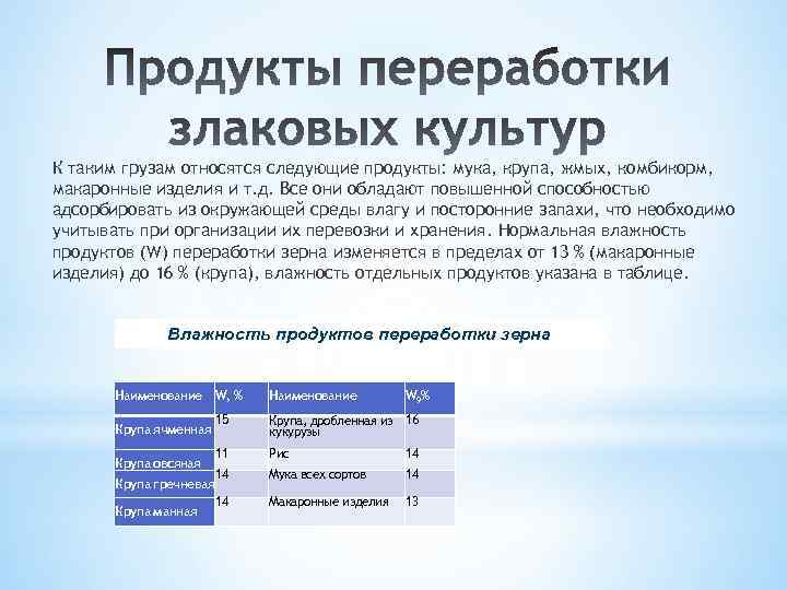 К таким грузам относятся следующие продукты: мука, крупа, жмых, комбикорм, макаронные изделия и т.