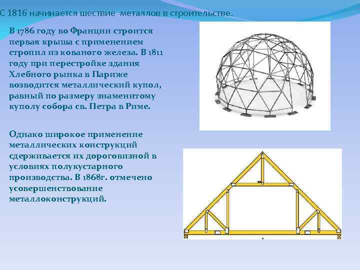 С 1816 начинается шествие металлов в строительстве. В 1786 году во Франции строится первая
