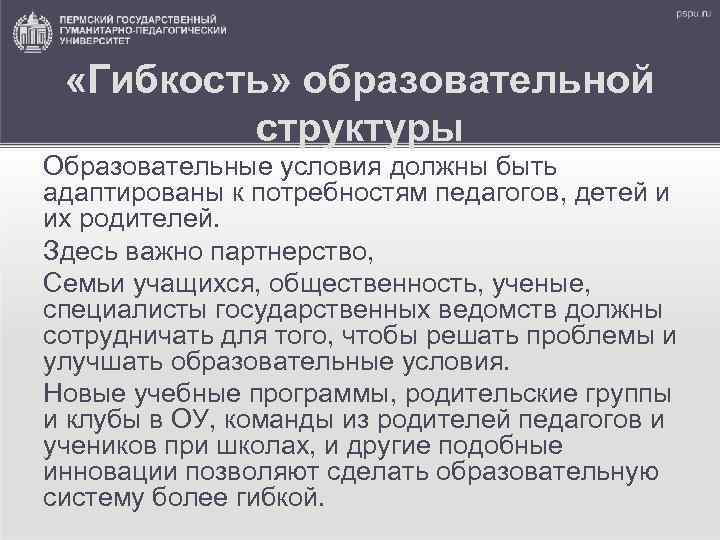  «Гибкость» образовательной структуры Образовательные условия должны быть адаптированы к потребностям педагогов, детей и