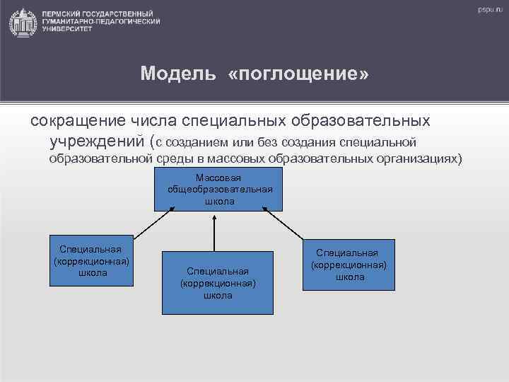 Модель «поглощение» сокращение числа специальных образовательных учреждений (с созданием или без создания специальной образовательной