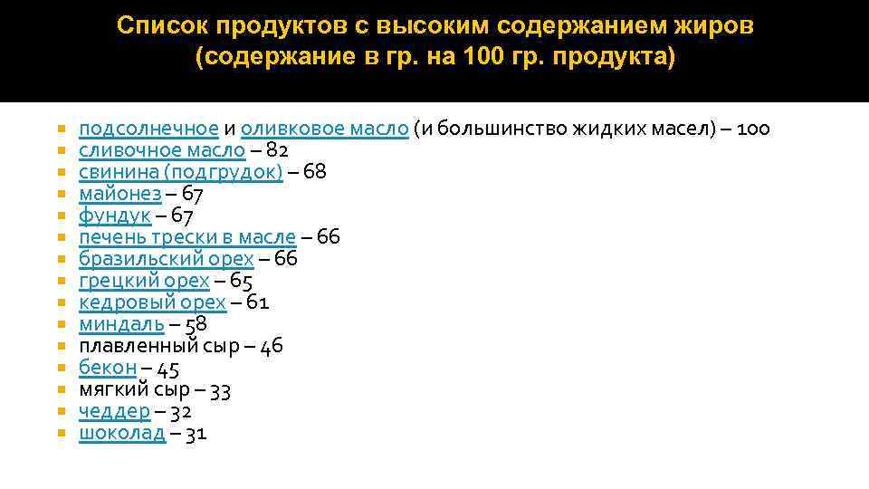 Список продуктов с высоким содержанием жиров (содержание в гр. на 100 гр. продукта) подсолнечное