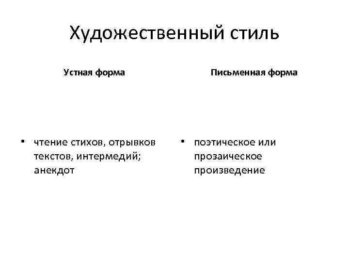 Художественный стиль Устная форма • чтение стихов, отрывков текстов, интермедий; анекдот Письменная форма •