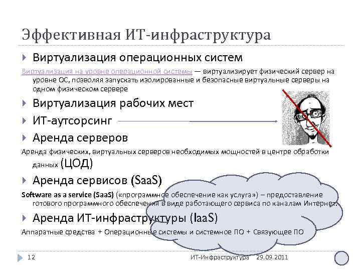 Эффективная ИТ-инфраструктура Виртуализация операционных систем Виртуализация на уровне операционной системы — виртуализирует физический сервер