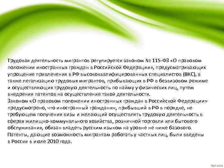 Трудовая деятельность мигрантов регулируется законом № 115‐ФЗ «О правовом положении иностранных граждан в Российской
