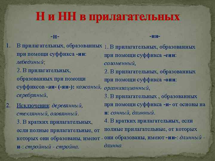 Н и НН в прилагательных -н- -нн- 1. В прилагательных, образованных 1. В прилагательных,