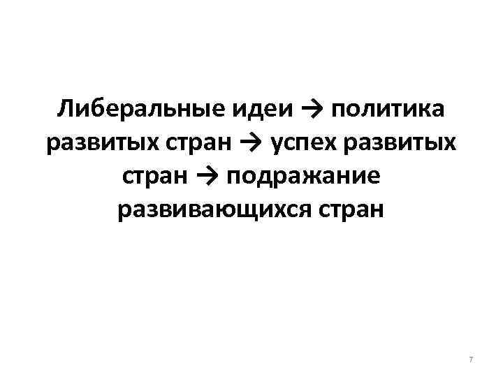 Либеральные идеи → политика развитых стран → успех развитых стран → подражание развивающихся стран