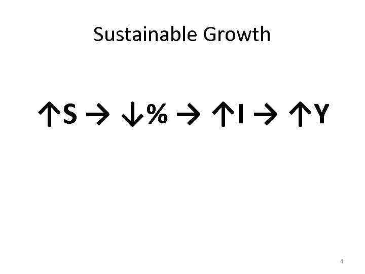 Sustainable Growth ↑S → ↓% → ↑I → ↑Y 4 