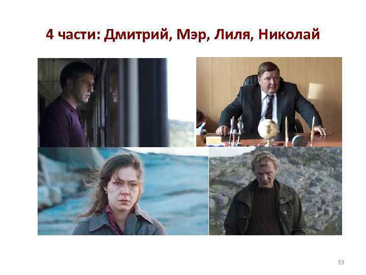 4 части: Дмитрий, Мэр, Лиля, Николай 53 