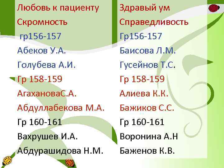Любовь к пациенту Скромность гр156 -157 Абеков У. А. Голубева А. И. Гр 158