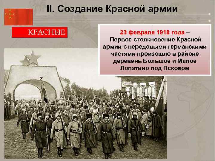 II. Создание Красной армии КРАСНЫЕ 23 февраля 1918 года – 23 февраля 1918 года