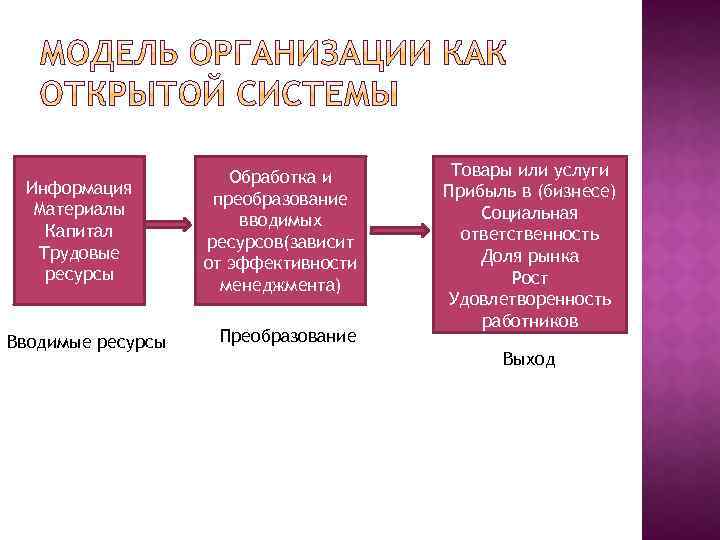 Информация Материалы Капитал Трудовые ресурсы Вводимые ресурсы Обработка и преобразование вводимых ресурсов(зависит от эффективности