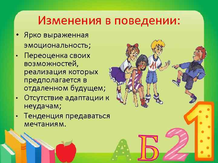 Изменения в поведении: • Ярко выраженная эмоциональность; • Переоценка своих возможностей, реализация которых предполагается
