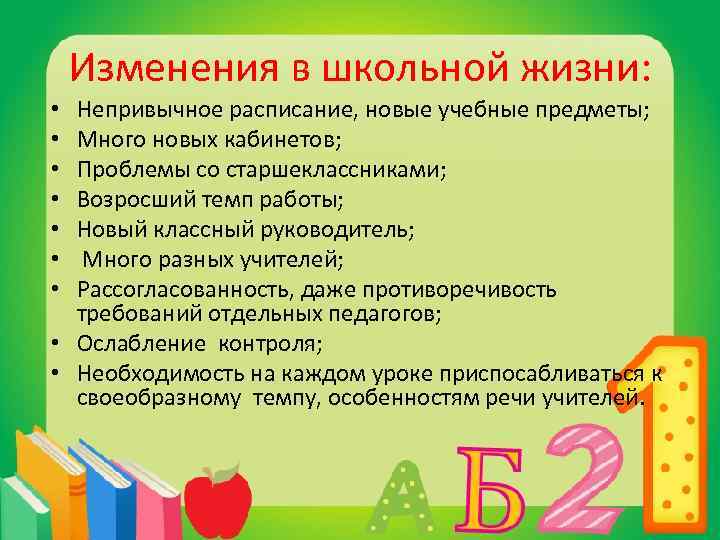 Изменения в школьной жизни: Непривычное расписание, новые учебные предметы; Много новых кабинетов; Проблемы со