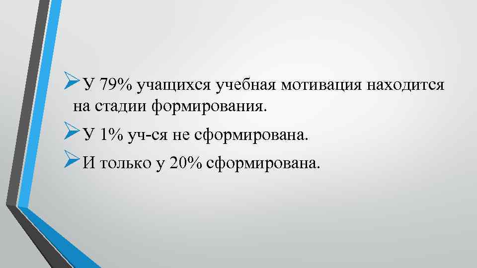 ØУ 79% учащихся учебная мотивация находится на стадии формирования. ØУ 1% уч-ся не сформирована.