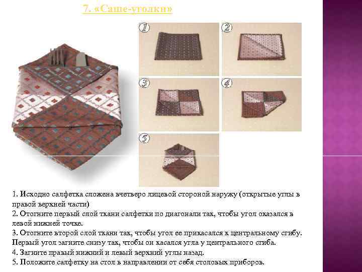7. «Саше-уголки» 1. Исходно салфетка сложена вчетверо лицевой стороной наружу (открытые углы в правой