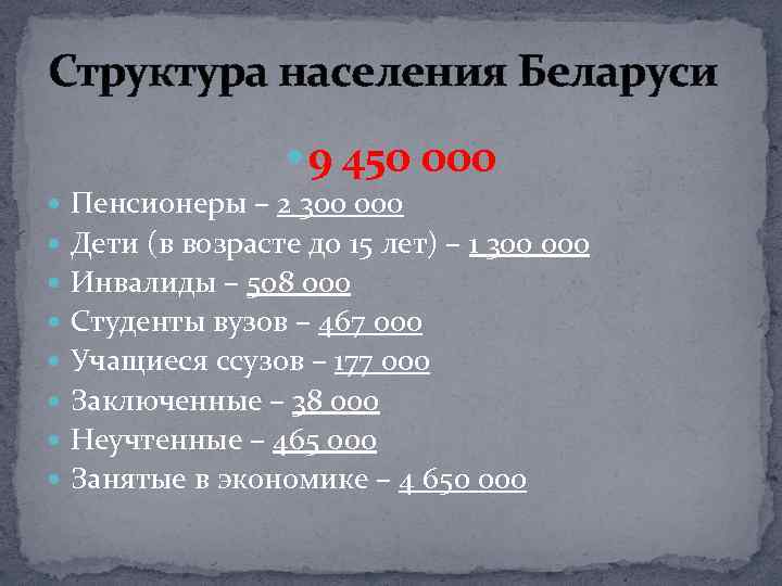 Структура населения Беларуси 9 450 000 Пенсионеры – 2 300 000 Дети (в возрасте