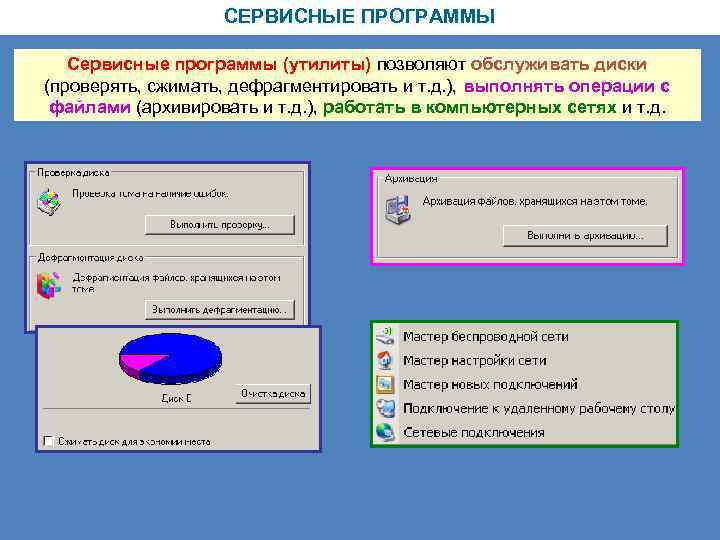 Какие виды входили в программу. Сервисные программы. Сервисные программы утилиты. Сервисные обслуживающие программы это программы. Программы позволяющие обслуживать диски выполнять операции.