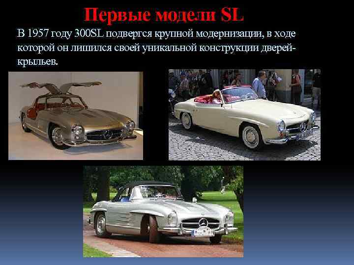 Первые модели SL В 1957 году 300 SL подвергся крупной модернизации, в ходе которой