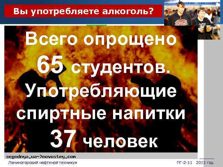 Вы употребляете алкоголь? ответили «ДА» Всего опрощено Юноши Девушки 77% 65 студентов. Употребляющие спиртные