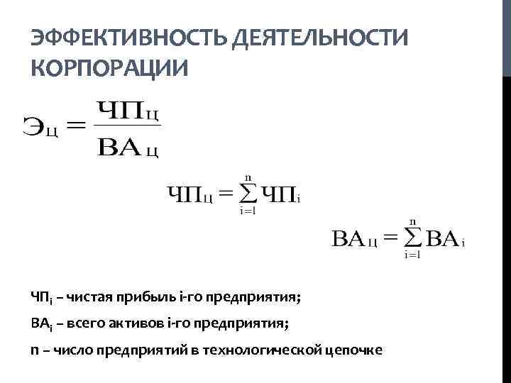 ЭФФЕКТИВНОСТЬ ДЕЯТЕЛЬНОСТИ КОРПОРАЦИИ ЧПi – чистая прибыль i-го предприятия; ВАi – всего активов i-го