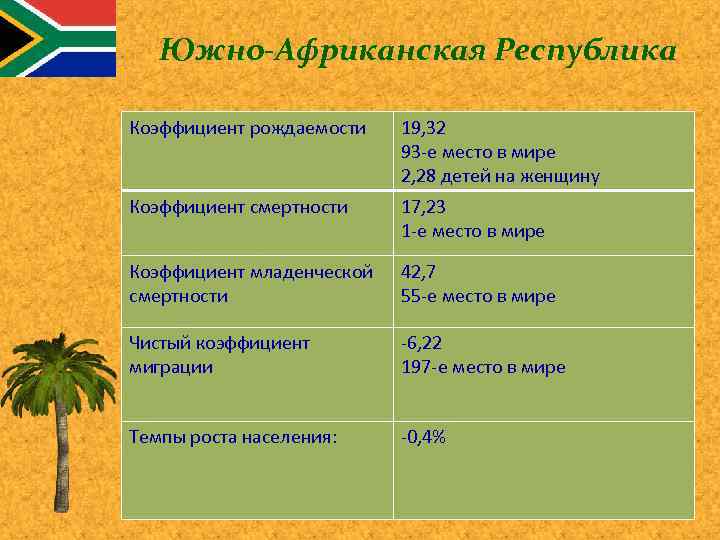 Южно-Африканская Республика Коэффициент рождаемости 19, 32 93 -е место в мире 2, 28 детей