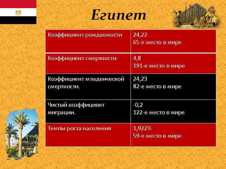 Египет Коэффициент рождаемости 24, 22 65 -е место в мире Коэффициент смертности 4, 8