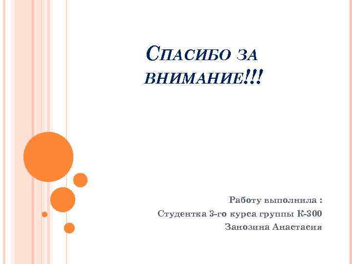 СПАСИБО ЗА ВНИМАНИЕ!!! Работу выполнила : Студентка 3 -го курса группы К-300 Занозина Анастасия