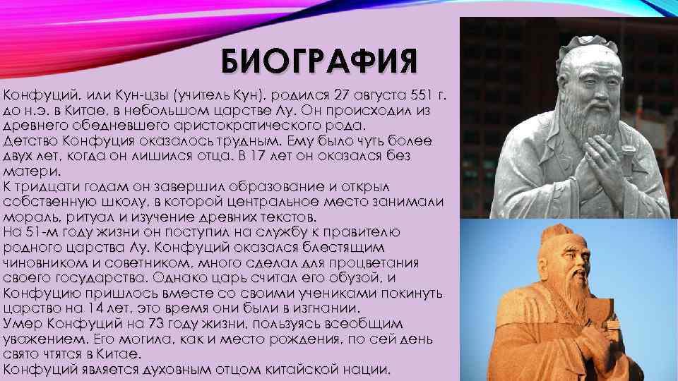 БИОГРАФИЯ Конфуций, или Кун-цзы (учитель Кун), родился 27 августа 551 г. до н. э.