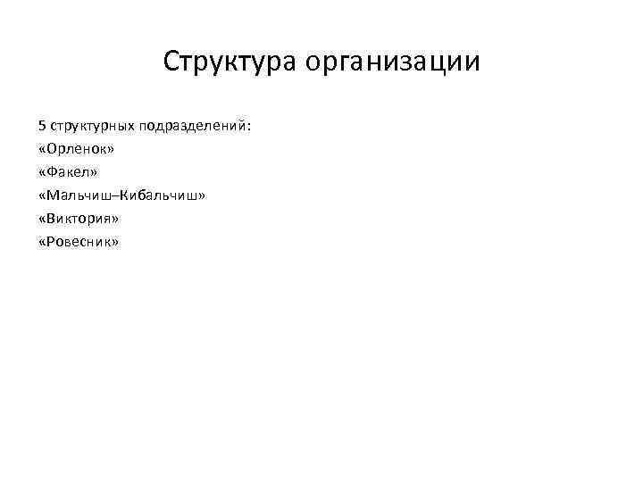 Структура организации 5 структурных подразделений: «Орленок» «Факел» «Мальчиш–Кибальчиш» «Виктория» «Ровесник» 