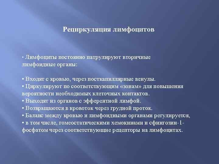 Рециркуляция лимфоцитов • Лимфоциты постоянно патрулируют вторичные лимфоидные органы: • Входят с кровью, через