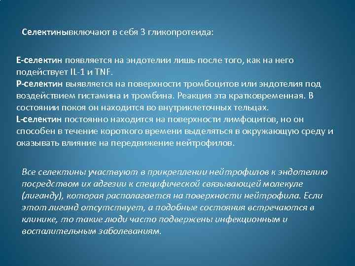 Селектинывключают в себя 3 гликопротеида: Е-селектин появляется на эндотелии лишь после того, как на