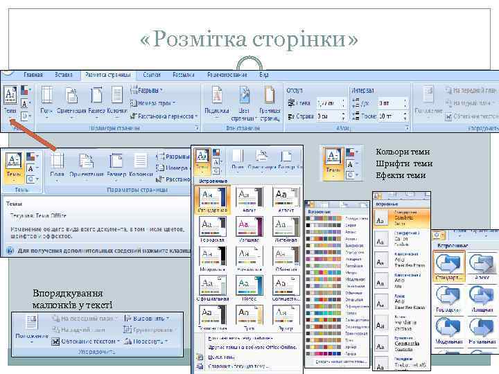  «Розмітка сторінки» Кольори теми Шрифти теми Ефекти теми Впорядкування малюнків у тексті 