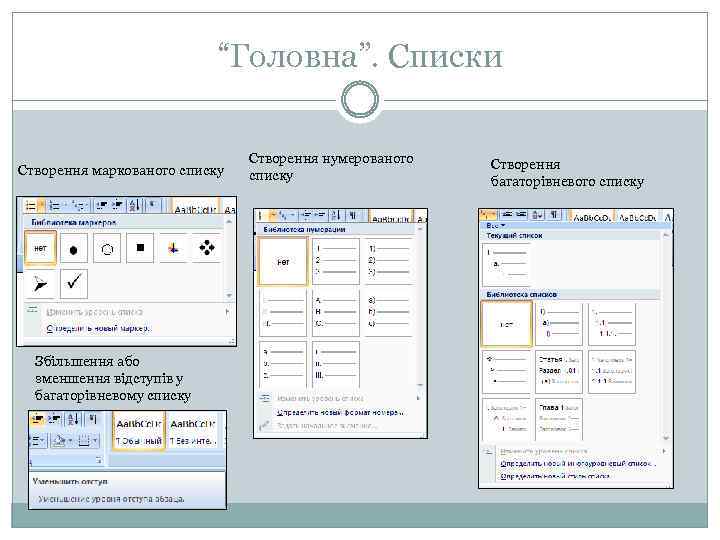 “Головна”. Списки Створення маркованого списку Збільшення або зменшення відступів у багаторівневому списку Створення нумерованого