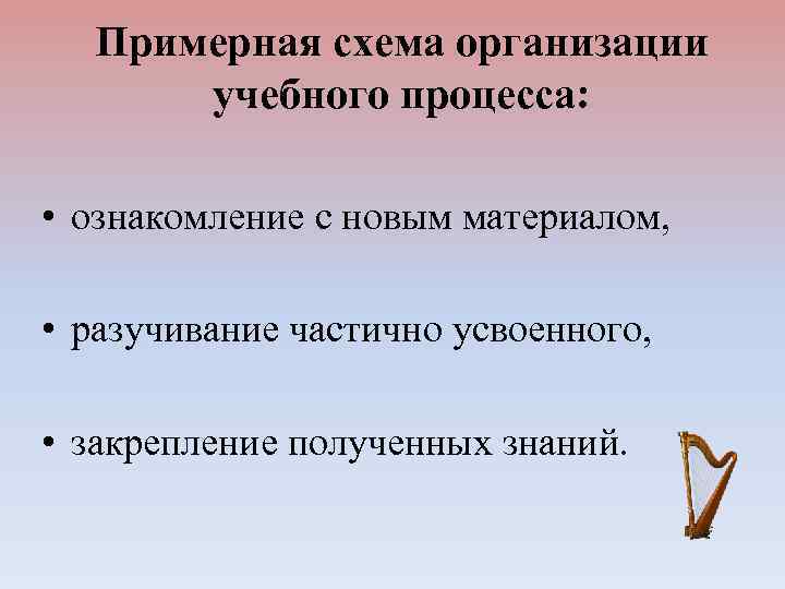 Примерная схема организации учебного процесса: • ознакомление с новым материалом, • разучивание частично усвоенного,