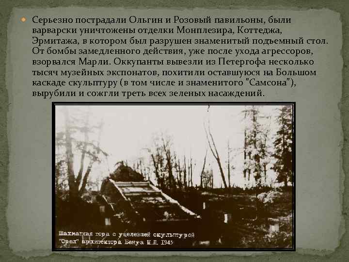  Серьезно пострадали Ольгин и Розовый павильоны, были варварски уничтожены отделки Монплезира, Коттеджа, Эрмитажа,